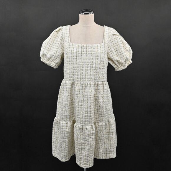 Simply Southern Tweed Puff Sleeve Dress Size M Square Neck Tiered Ivory Gold NEW - Picture 1 of 12